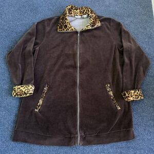 Vintage Roaman's Womens Large Brown Fleece Leopard Print Zip Pockets Jacket